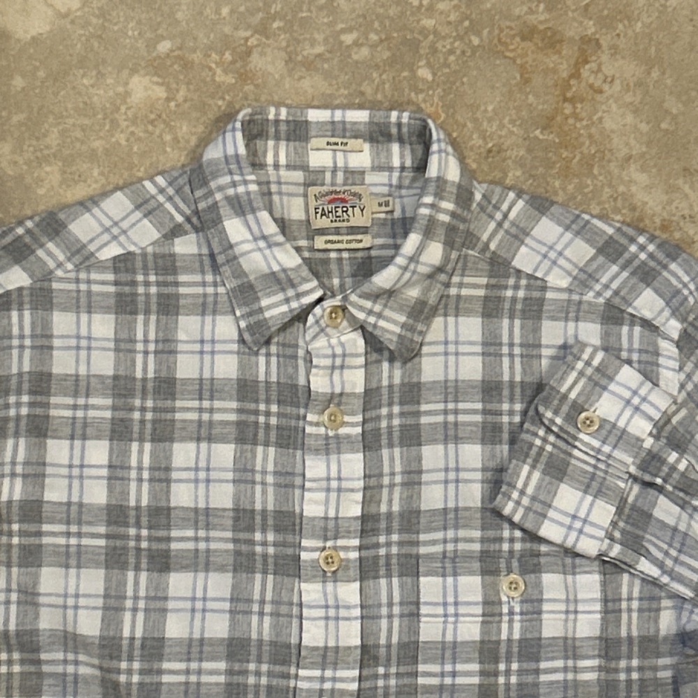 Faherty Shirt Mens Medium White Plaid Slim Fit Long Sleeve Button Organic Cotton